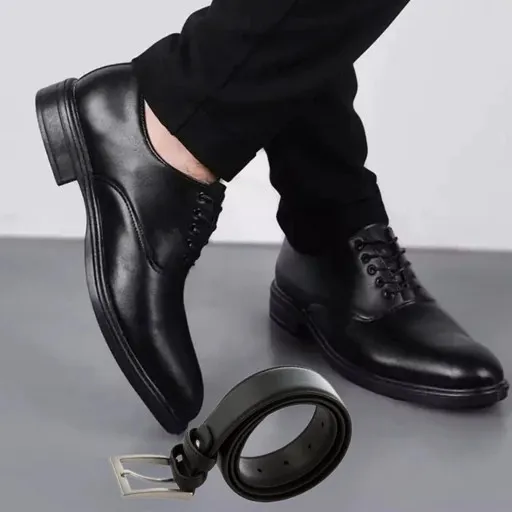 ست مردانه کفش بندی کلاسیک رویال و کمربند چرم صنعتی نیک مشکی